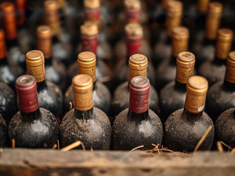 An image of aged wine bottles sitting in a wooden crate